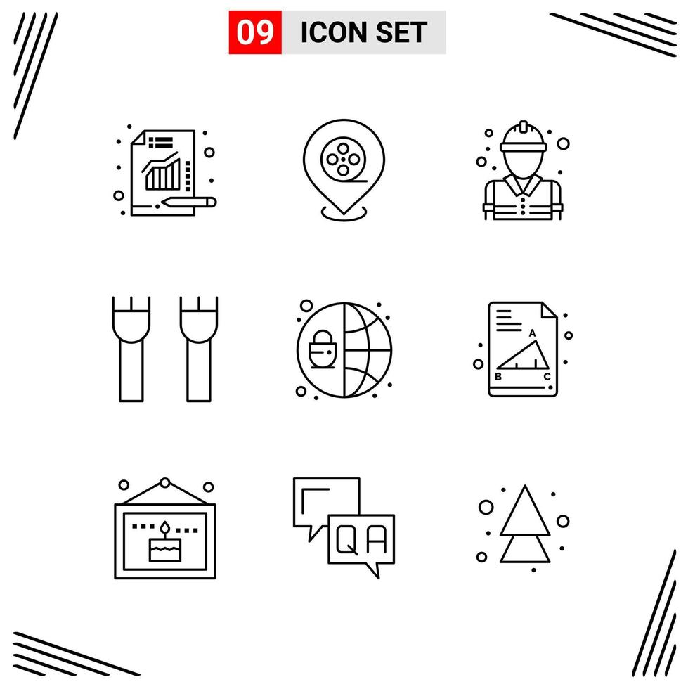 Estilo de línea de 9 iconos. símbolos de esquema creativos basados en cuadrículas para el diseño de sitios web. signos de icono de línea simple aislados en fondo blanco. 9 conjunto de iconos. vector