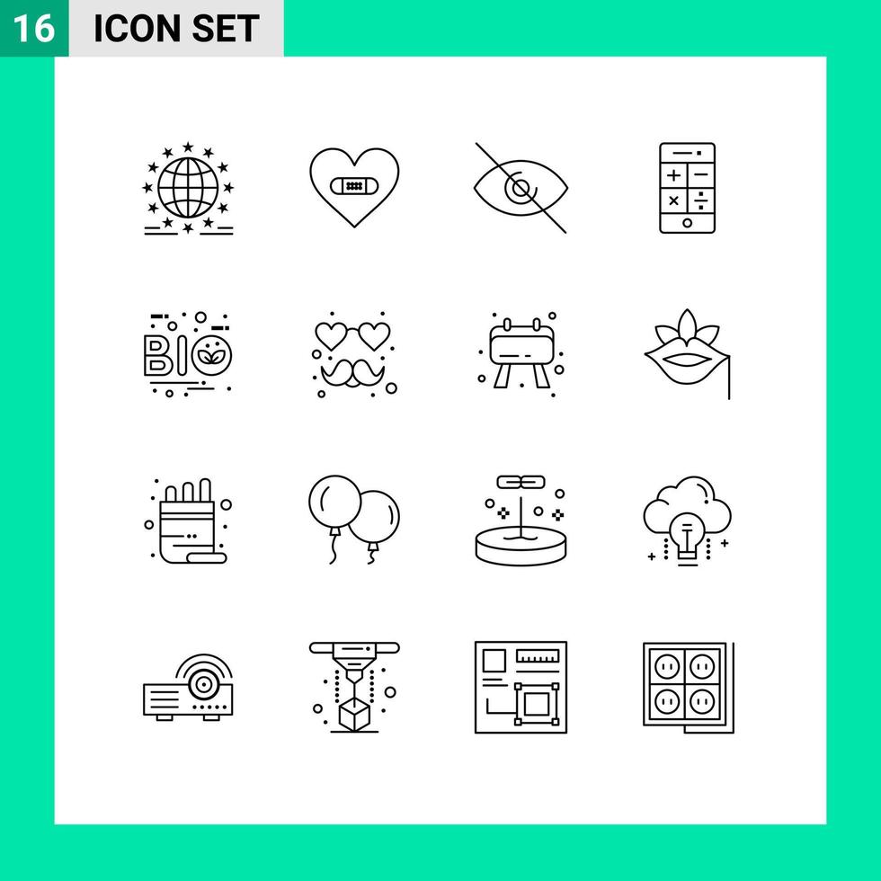 User Interface Pack of 16 Basic Outlines of bio phone love math view Editable Vector Design Elements