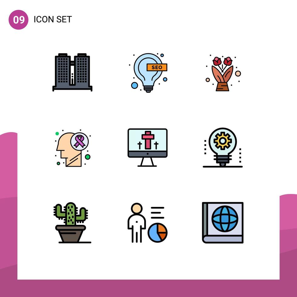 Group of 9 Modern Filledline Flat Colors Set for easter monitor flower disease brain tumor Editable Vector Design Elements