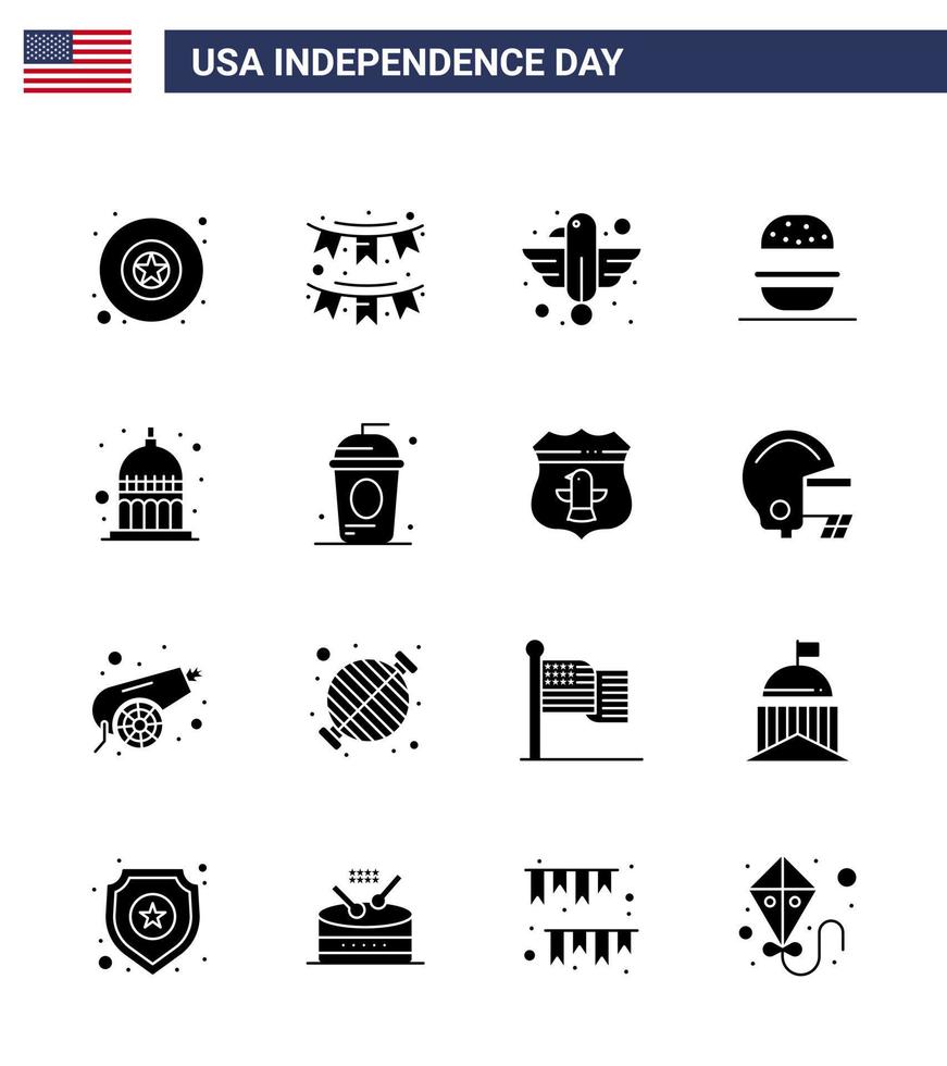 Pack of 16 creative USA Independence Day related Solid Glyphs of indiana american american eat state Editable USA Day Vector Design Elements