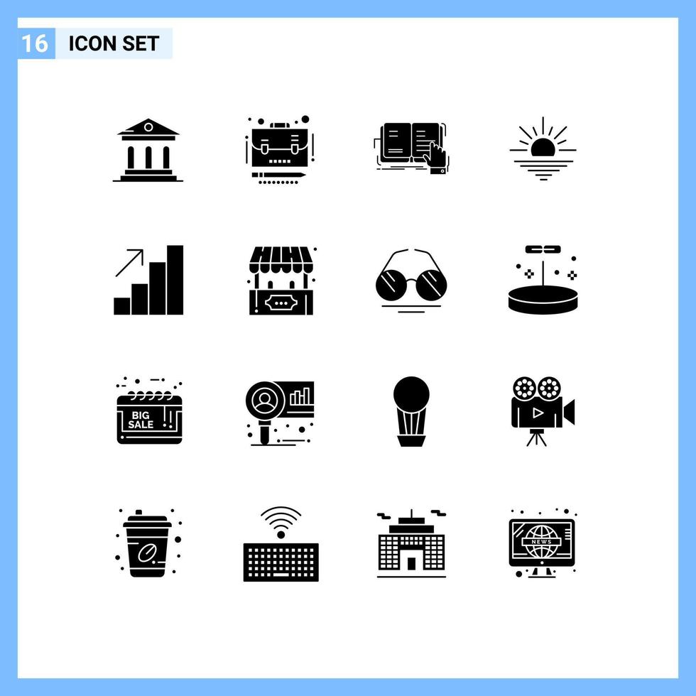 Universal Icon Symbols Group of 16 Modern Solid Glyphs of analytics morning book light reading Editable Vector Design Elements