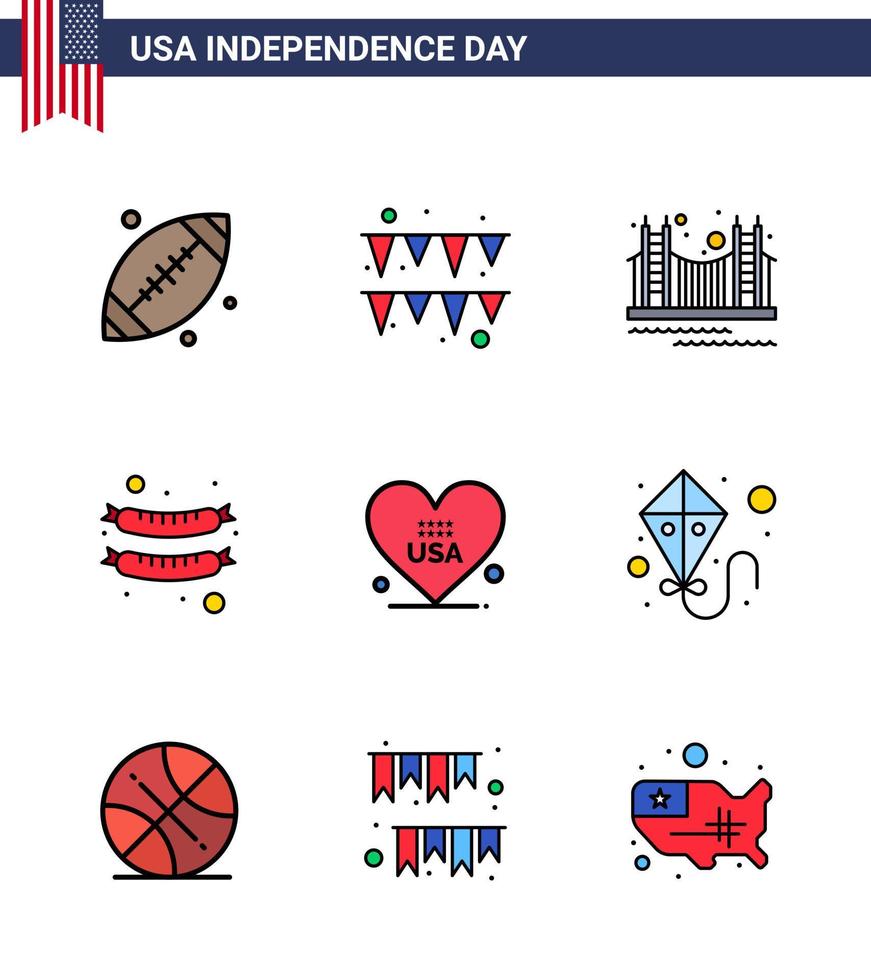 Pack of 9 creative USA Independence Day related Flat Filled Lines of love sausage gate frankfurter usa Editable USA Day Vector Design Elements