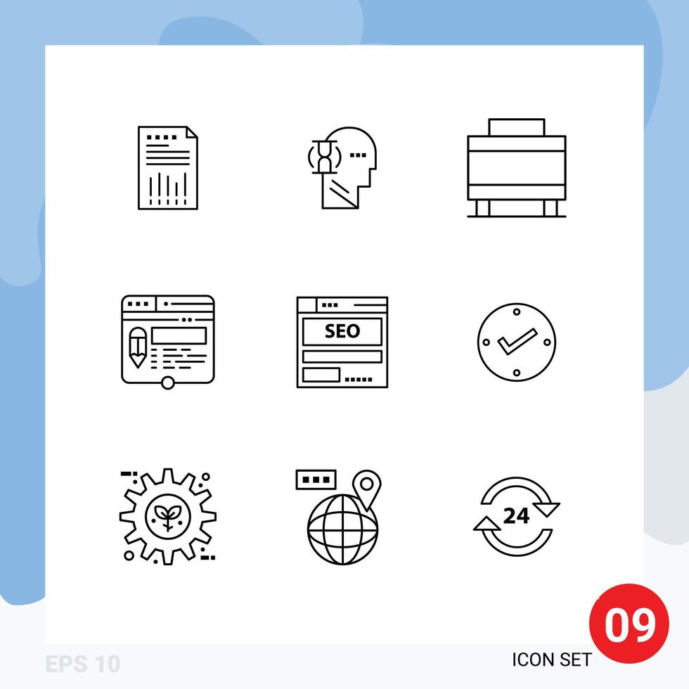 Pictogram Set of 9 Simple Outlines of website layout glass edit suitcase Editable Vector Design Elements