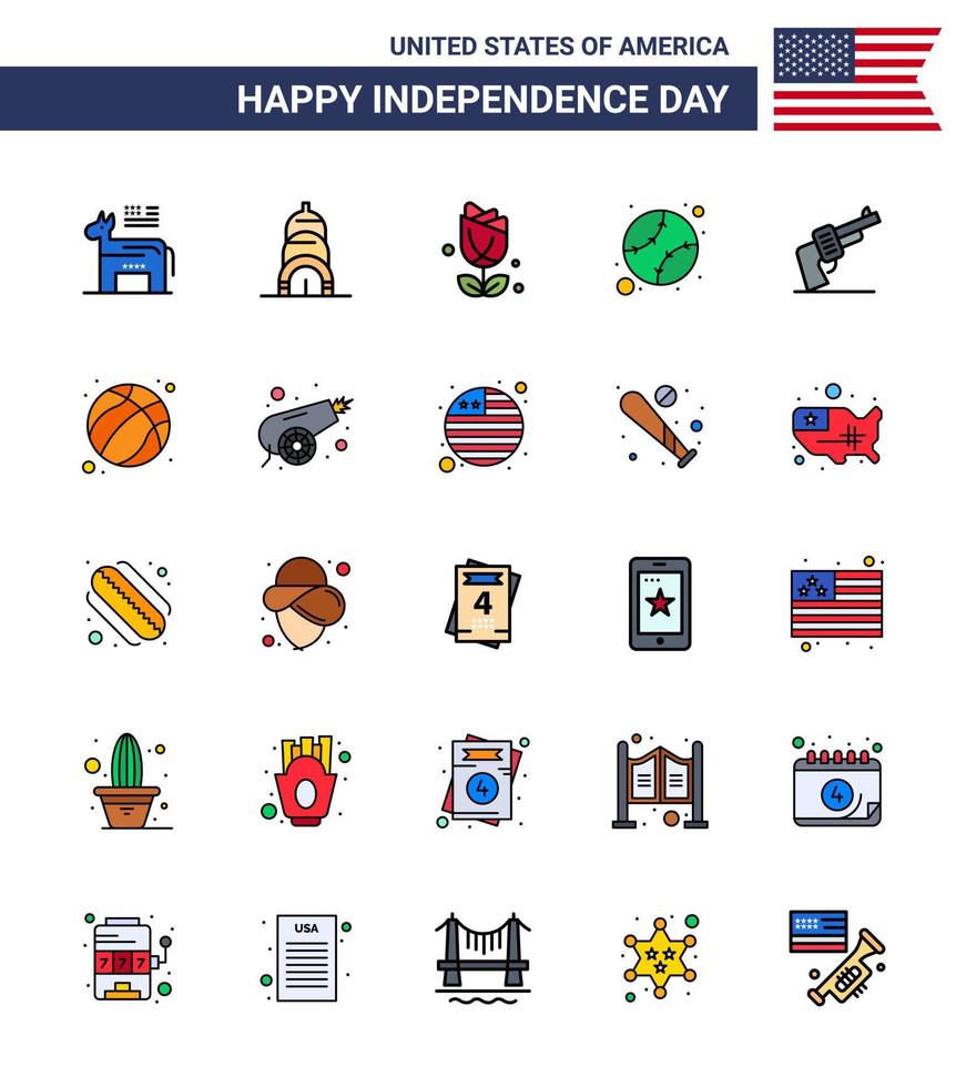 25 Flat Filled Line Signs for USA Independence Day weapon gun imerican united baseball Editable USA Day Vector Design Elements