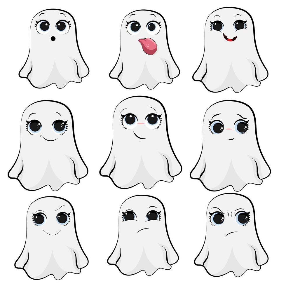 lindas pegatinas de halloween con juego de fantasmas espeluznantes. personajes de fantasmas felices para niños. vector plano pegatinas