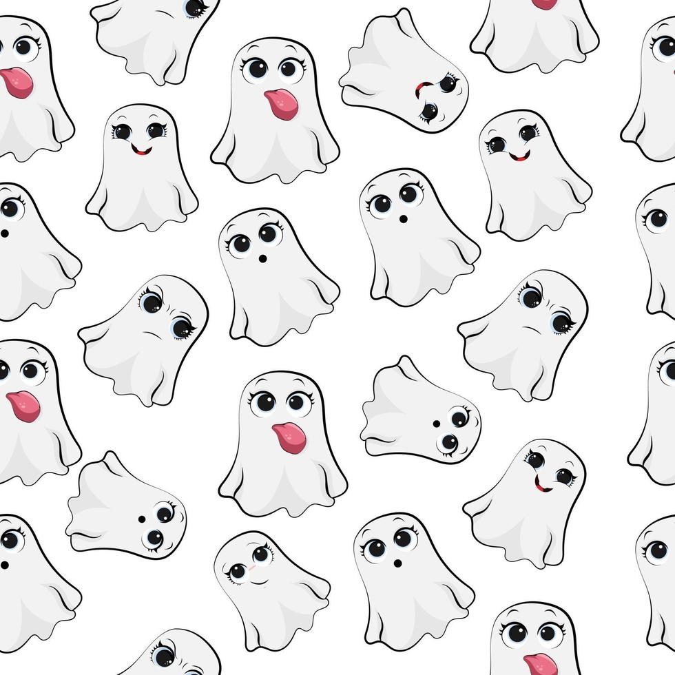 Seamless pattern of cute little cartoon ghosts on black background. vector