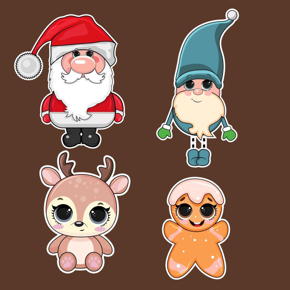 Vector cartoon illustration of cute characters. Gingerbread Cookie, Santa, Elf, Deer