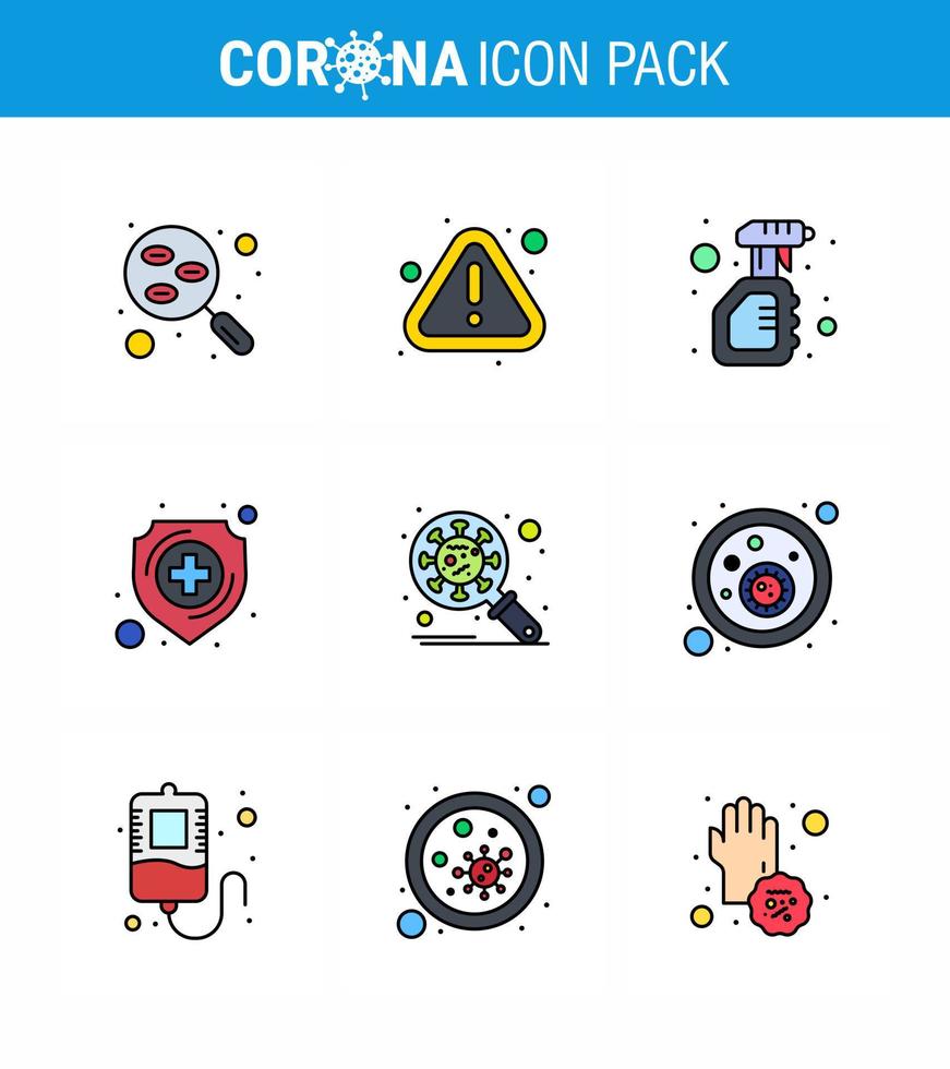 conjunto de iconos covid19 para el paquete de color plano infográfico de 9 líneas rellenas, como el escudo de protección contra virus de la salud, botella de coronavirus viral 2019nov, elementos de diseño de vectores de enfermedades