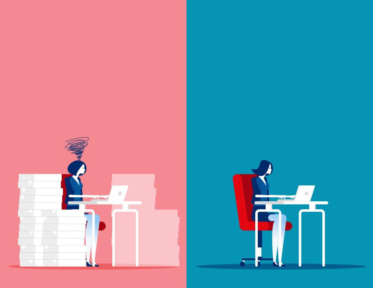 mujer de negocios con trabajo fácil y estresante. ilustración de vector de trabajo de negocio de concepto, diferentes personas trabajadoras