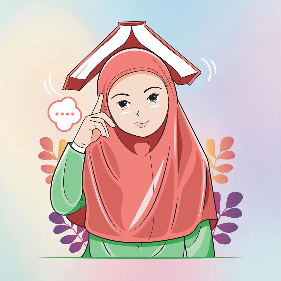 A thinking little hijab girl and put a book on top vector illustration free download