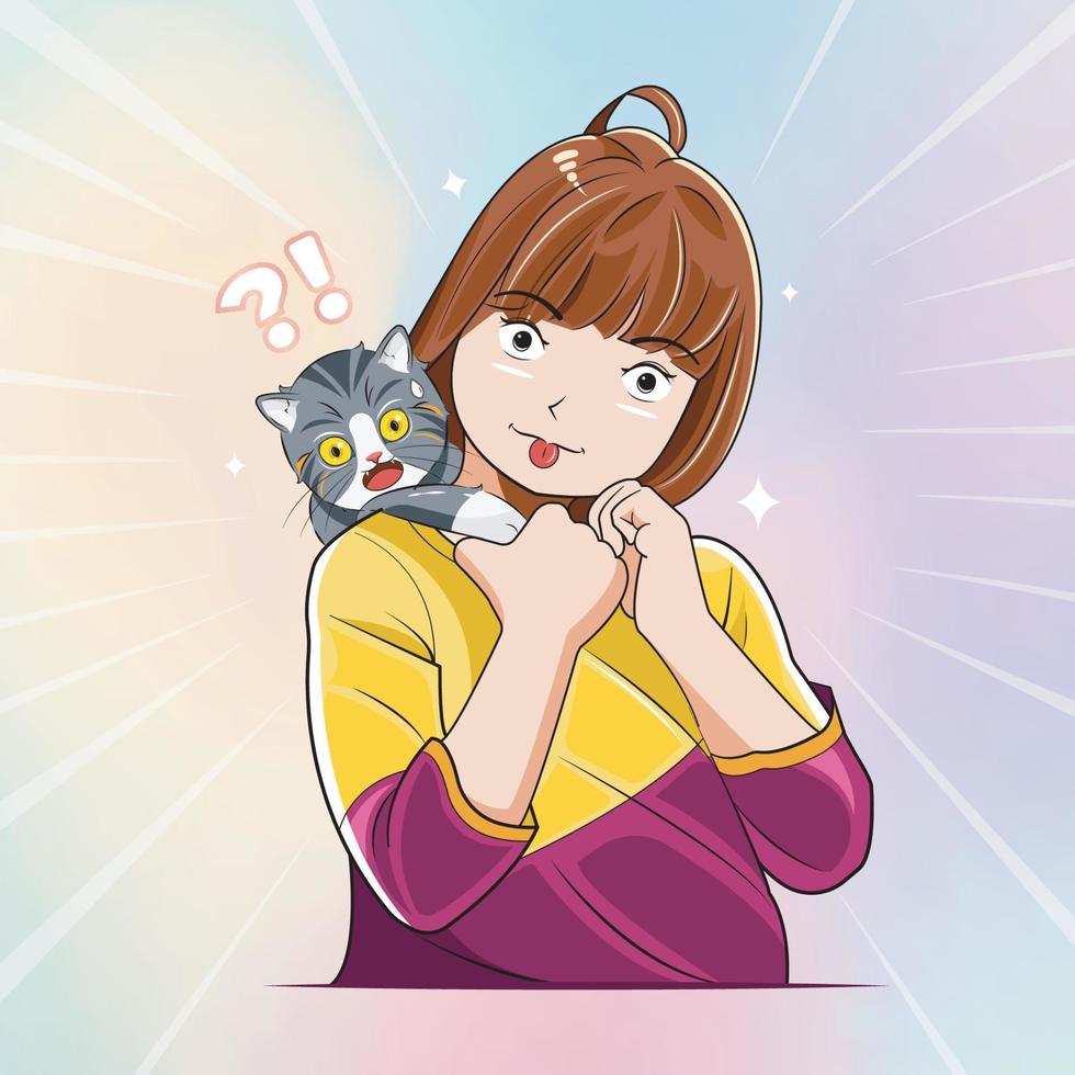 A smiling little girl teasing a lovely kitten vector illustration free download