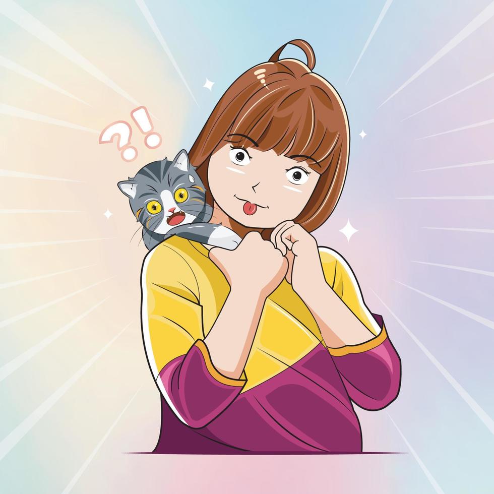 una niña sonriente burlándose de un hermoso gatito ilustración vectorial descarga gratuita vector