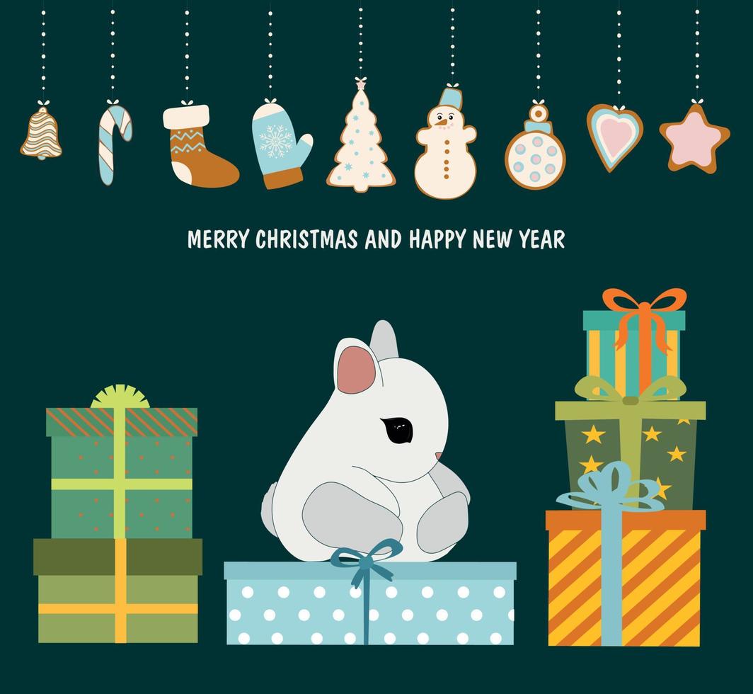 2023 is the year of the rabbit. Cute Christmas bunny with gifts. Vector illustration
