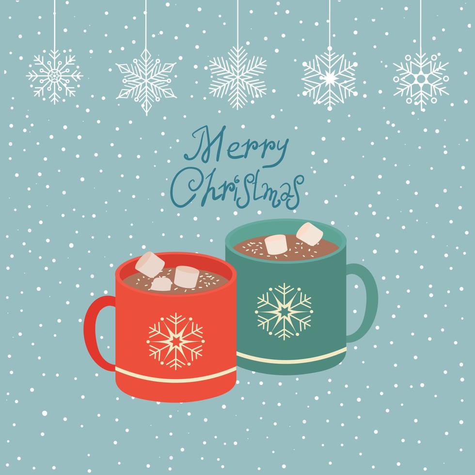chocolate caliente con malvaviscos. una taza con un adorno en forma de copos de nieve y la inscripción feliz navidad. ilustración vectorial vector