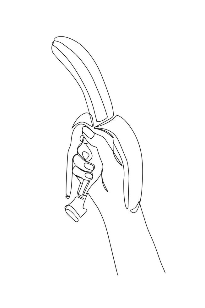 Continuous one-line drawing of a hand holding a banana fruit. A woman hand holds a banana. Drawing with one line. vector