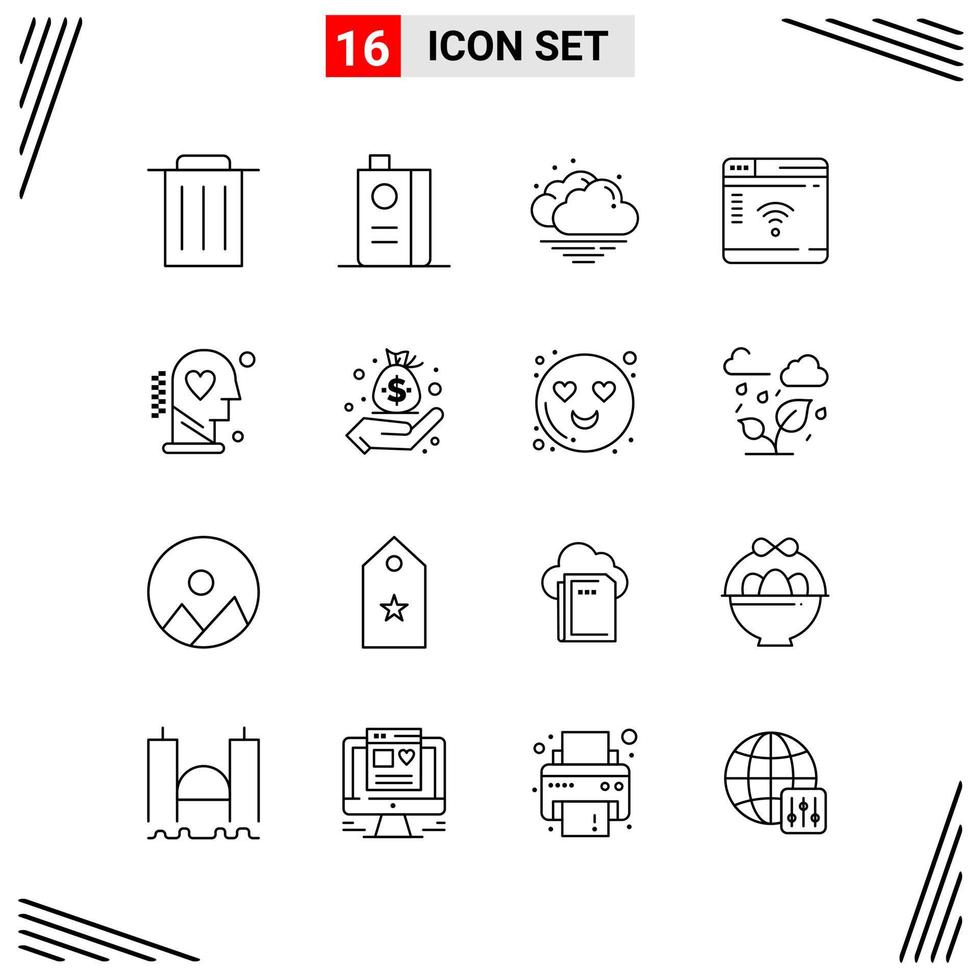 Estilo de línea de 16 iconos. símbolos de esquema creativos basados en cuadrículas para el diseño de sitios web. signos de icono de línea simple aislados en fondo blanco. 16 conjunto de iconos. vector