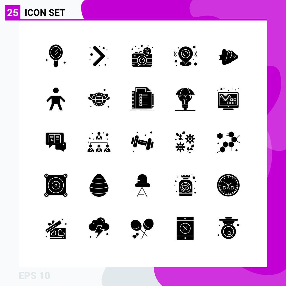 Set of 25 Commercial Solid Glyphs pack for schooling coral dslr fish location Editable Vector Design Elements