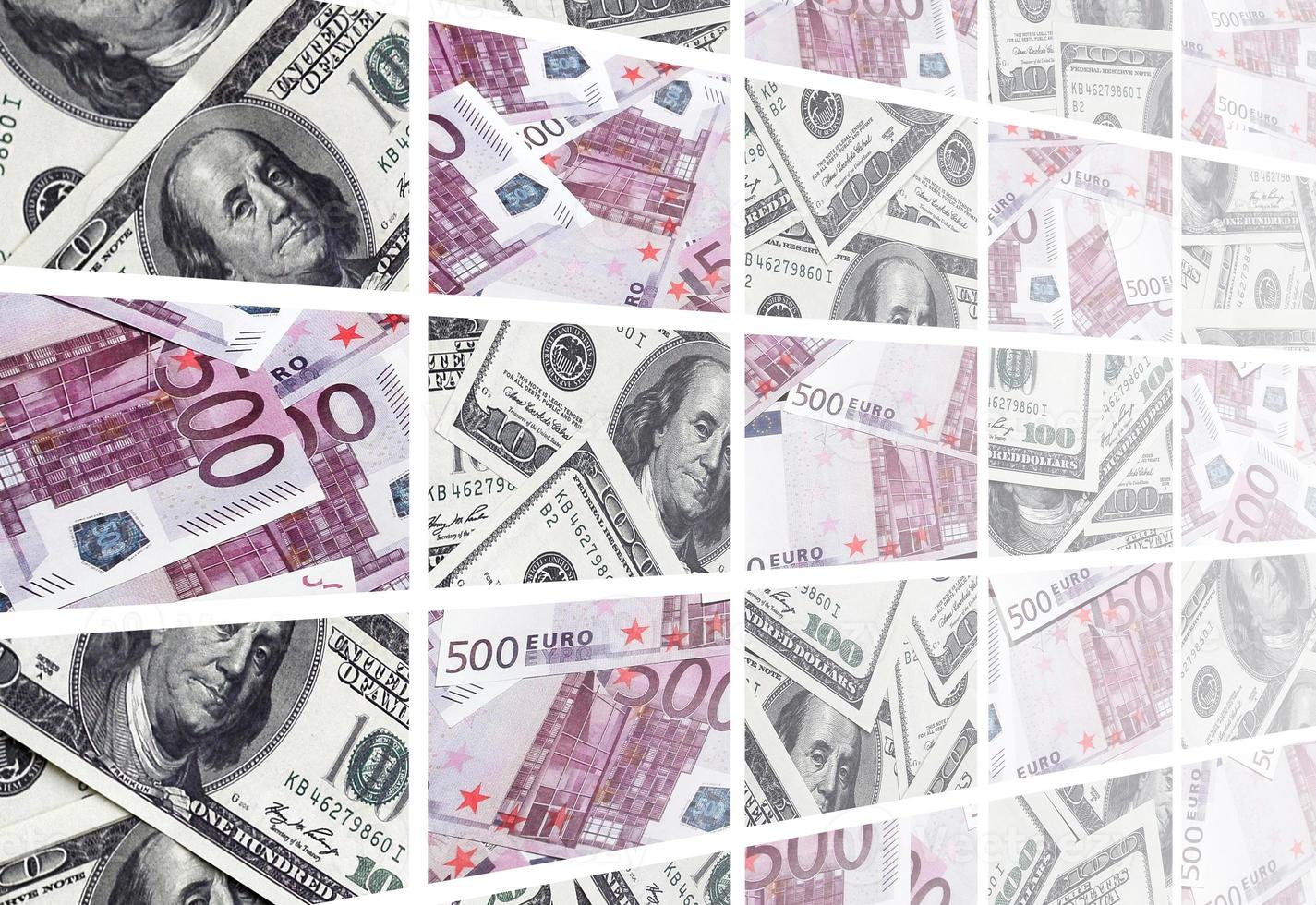 A collage of many images of euro banknotes in denominations of 100 and 500 euros lying in the heap photo