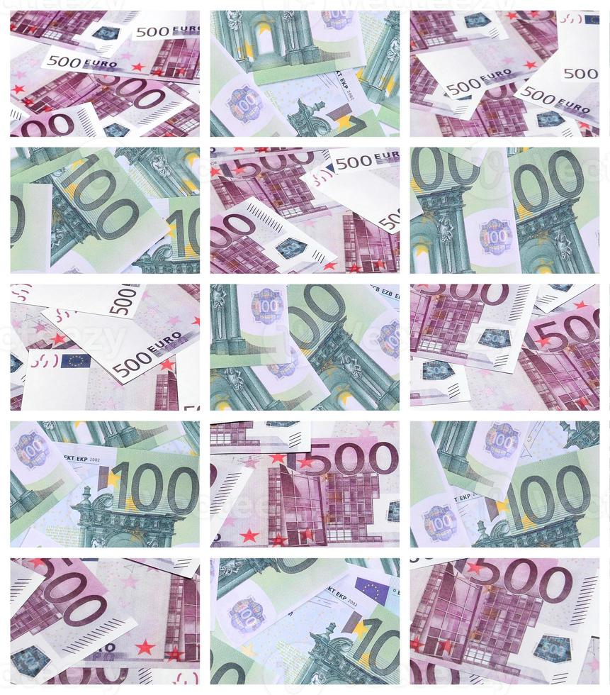 A collage of many images of hundreds of dollars and euro bills lying in a pile photo