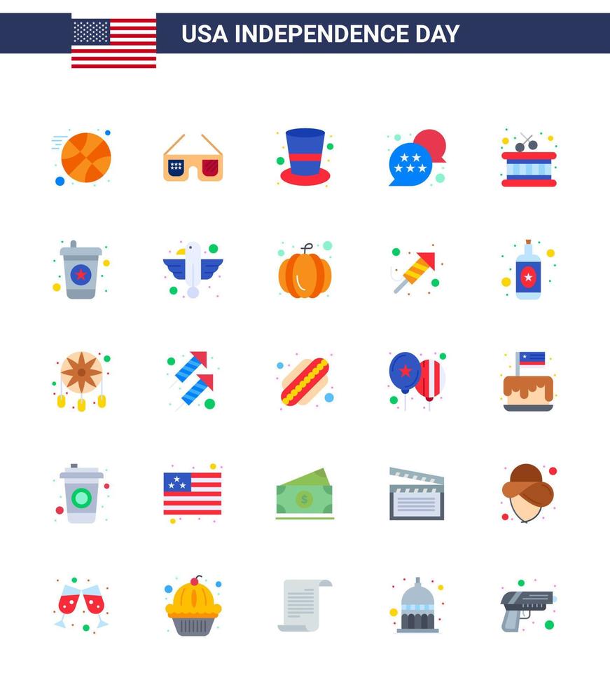 Happy Independence Day USA Pack of 25 Creative Flats of sticks drum cap chat bubble usa Editable USA Day Vector Design Elements