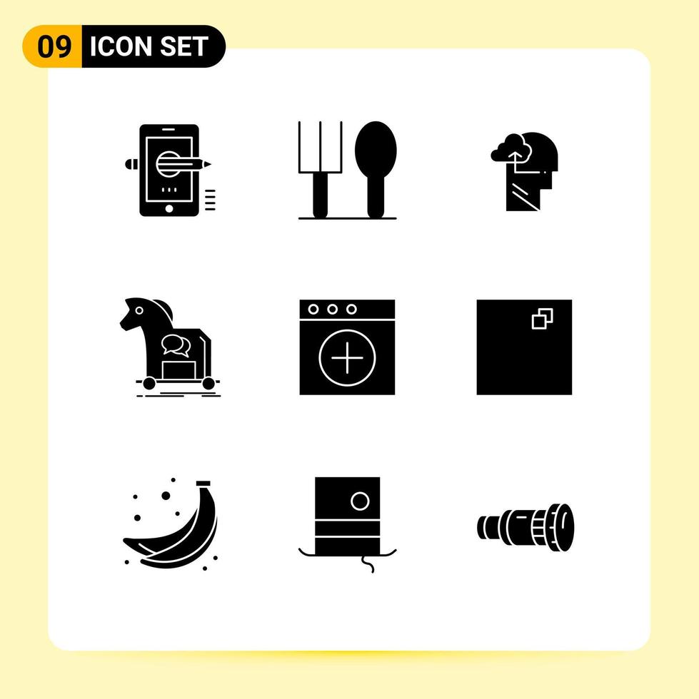 Mobile Interface Solid Glyph Set of 9 Pictograms of app trojan experience internet cybercrime Editable Vector Design Elements