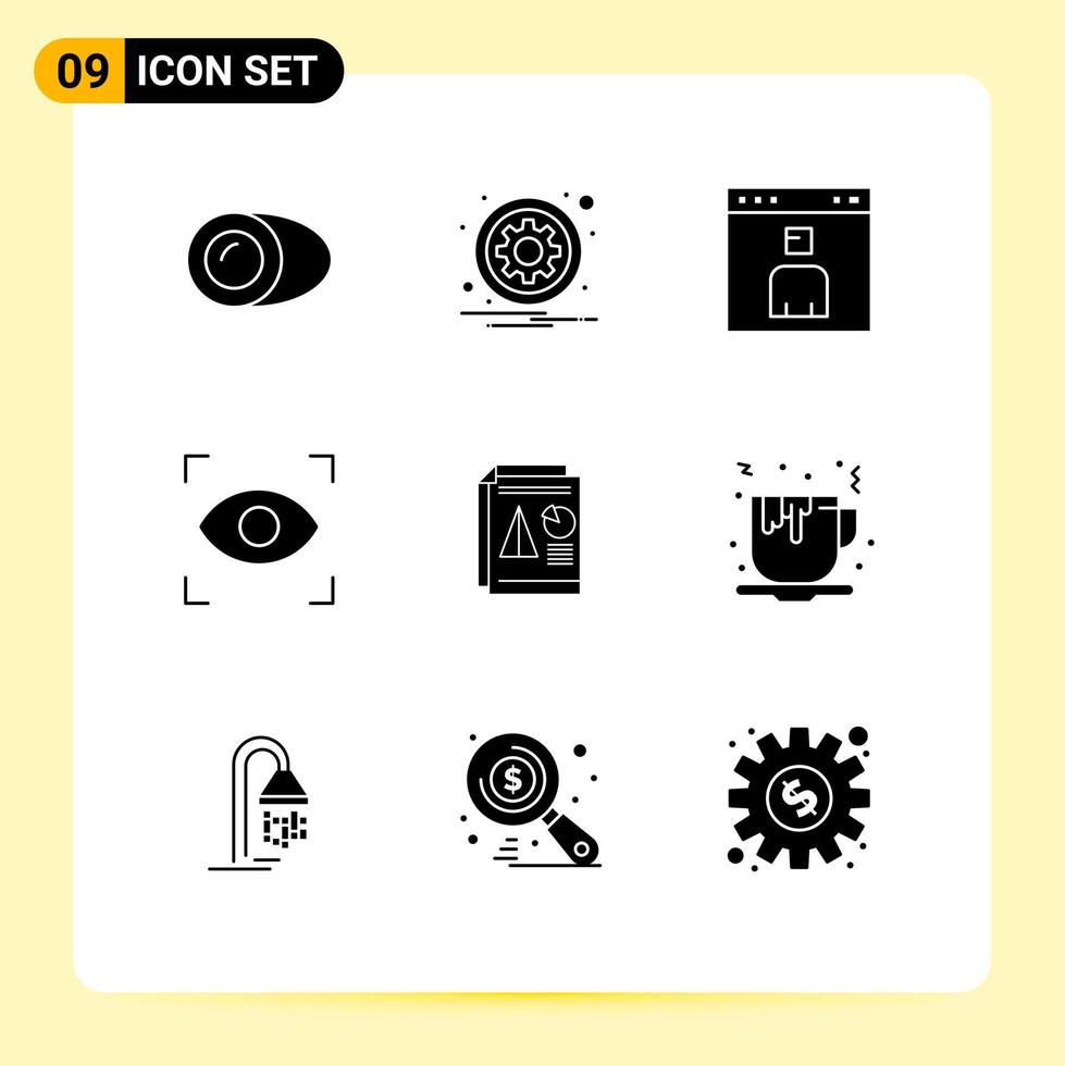 9 Thematic Vector Solid Glyphs and Editable Symbols of report focus options eye page Editable Vector Design Elements