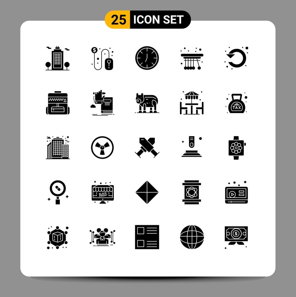 Set of 25 Commercial Solid Glyphs pack for left circle clock school pendulum Editable Vector Design Elements