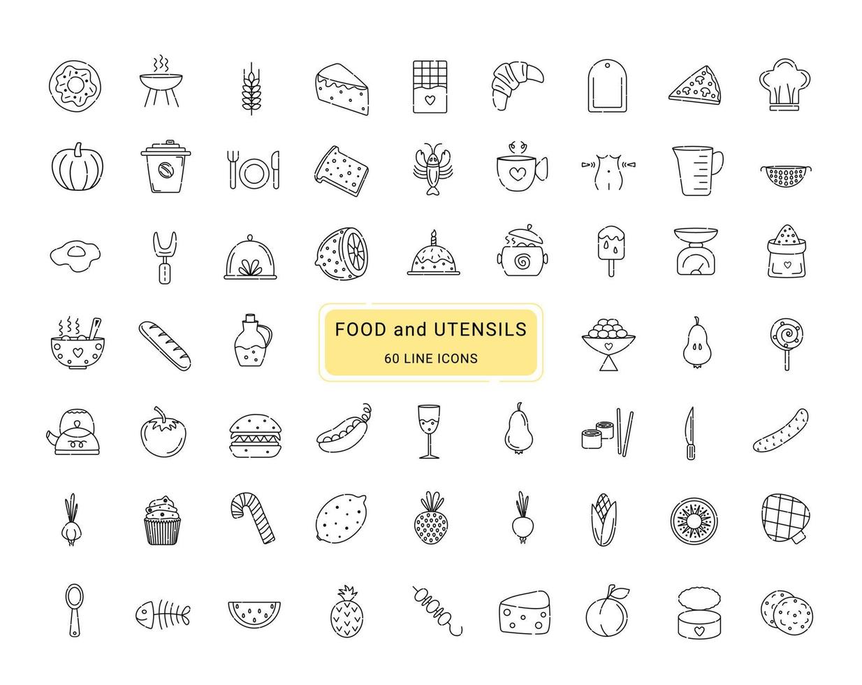 alimentos y utensilios, iconos vectoriales de 60 líneas vector