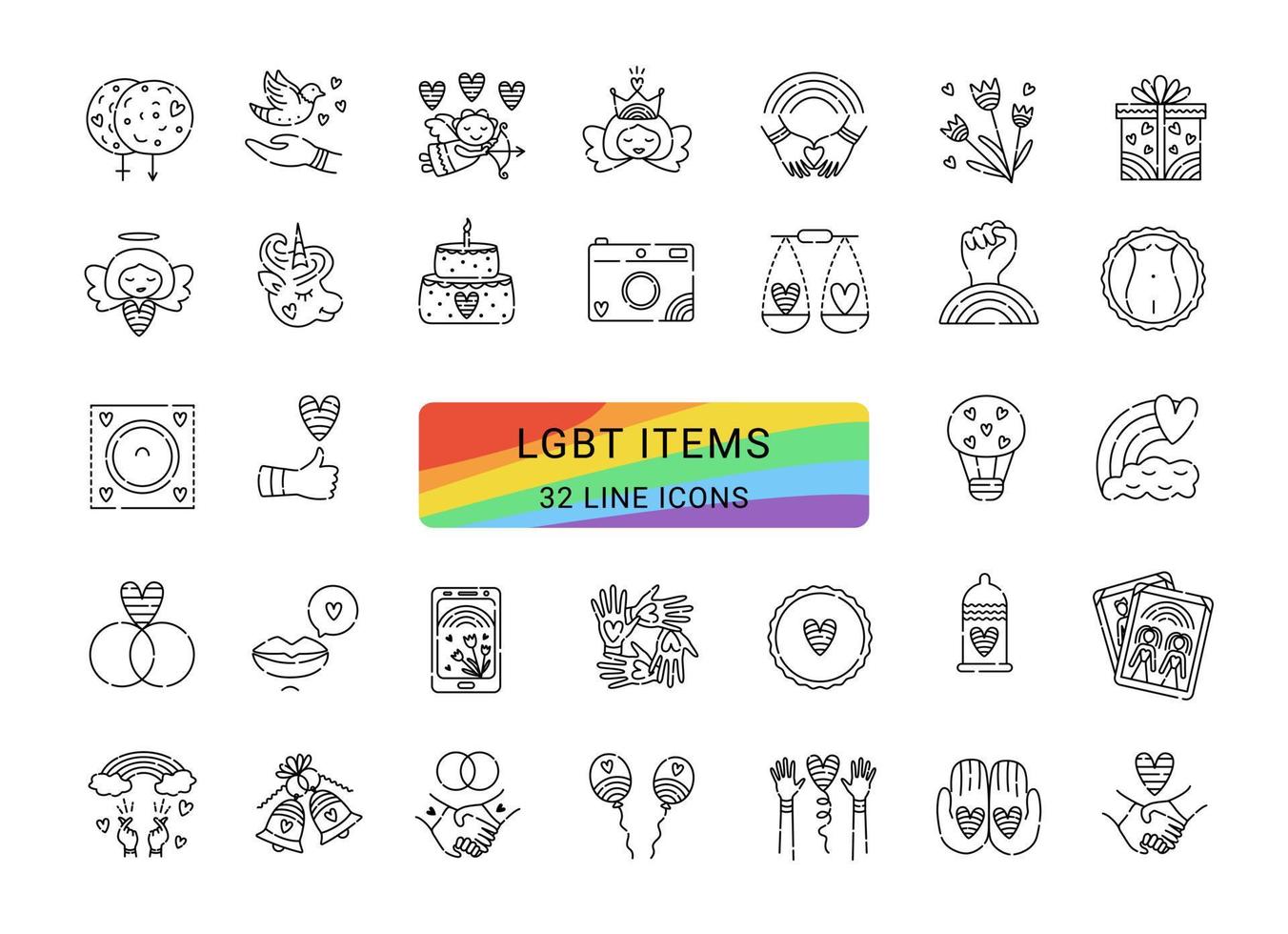 Lgbt items, 32 line vector icons