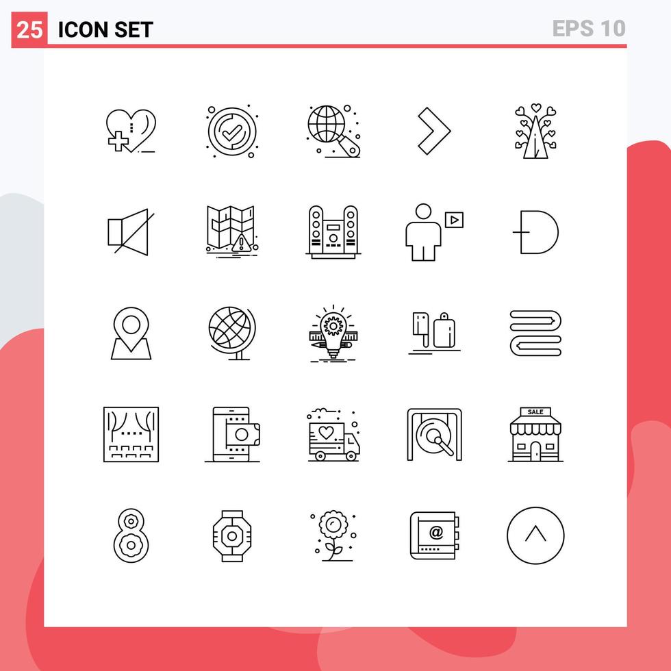 25 Universal Lines Set for Web and Mobile Applications valentines day heart internet tree next Editable Vector Design Elements