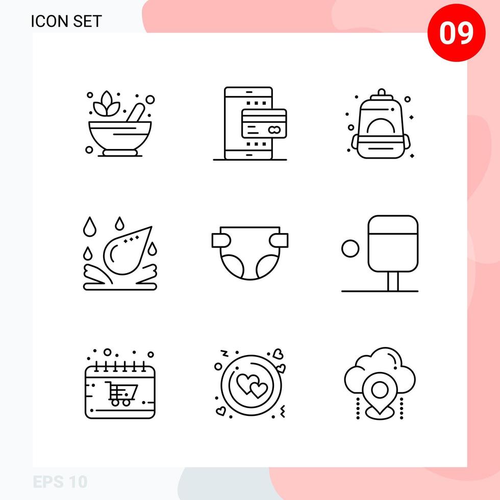 paquete vectorial de 9 iconos en estilo de línea. paquete de contorno creativo aislado sobre fondo blanco para web y móvil. vector