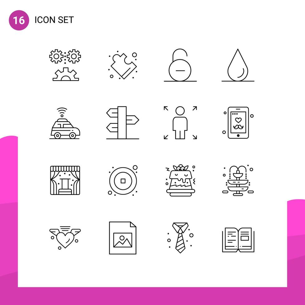 Group of 16 Modern Outlines Set for map car lock water security Editable Vector Design Elements