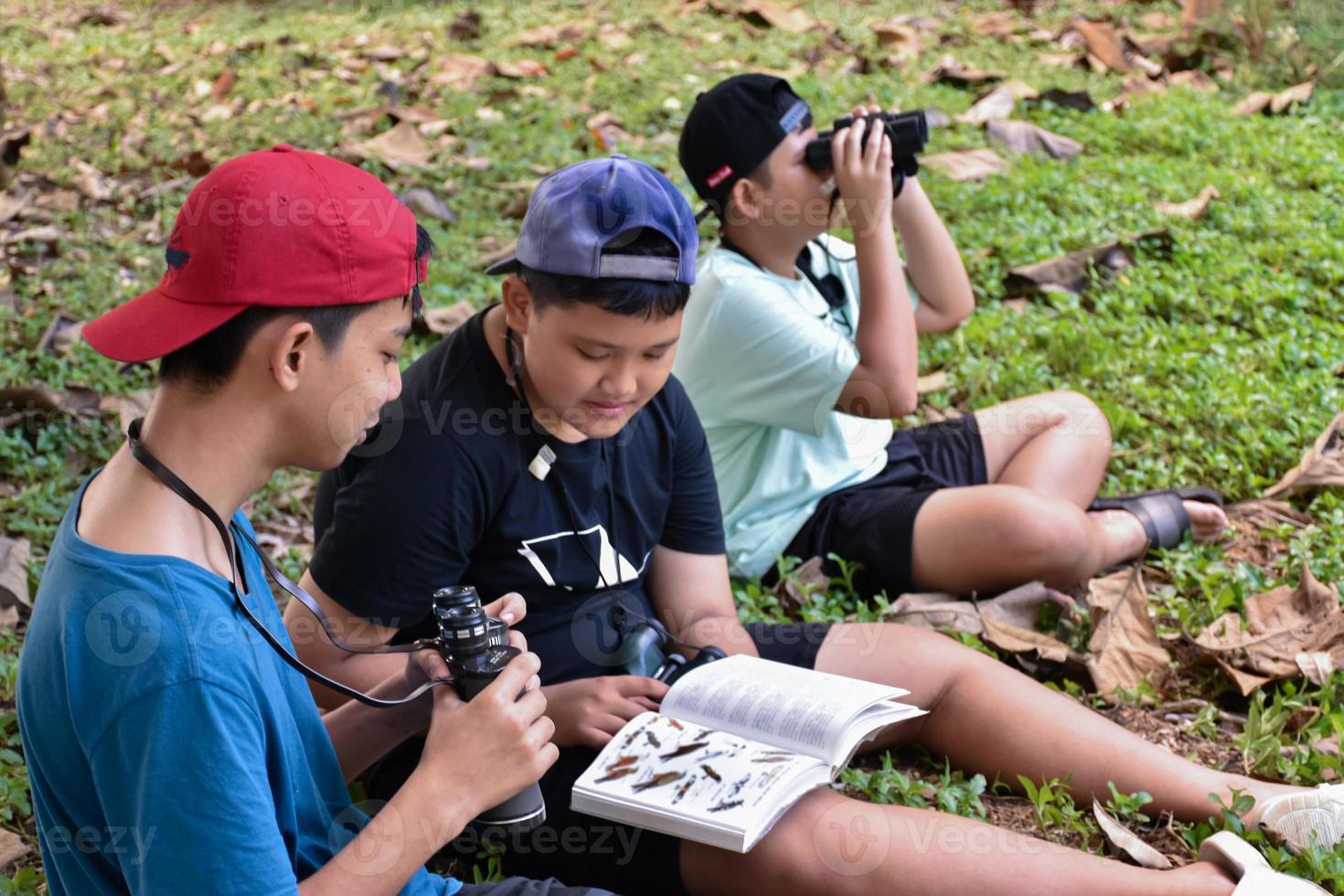 Three asian boys're reading birds details and going to use binoculars to watch birds on the trees during summer camp, idea for learning creatures and wildlife animals outside the classroom. photo