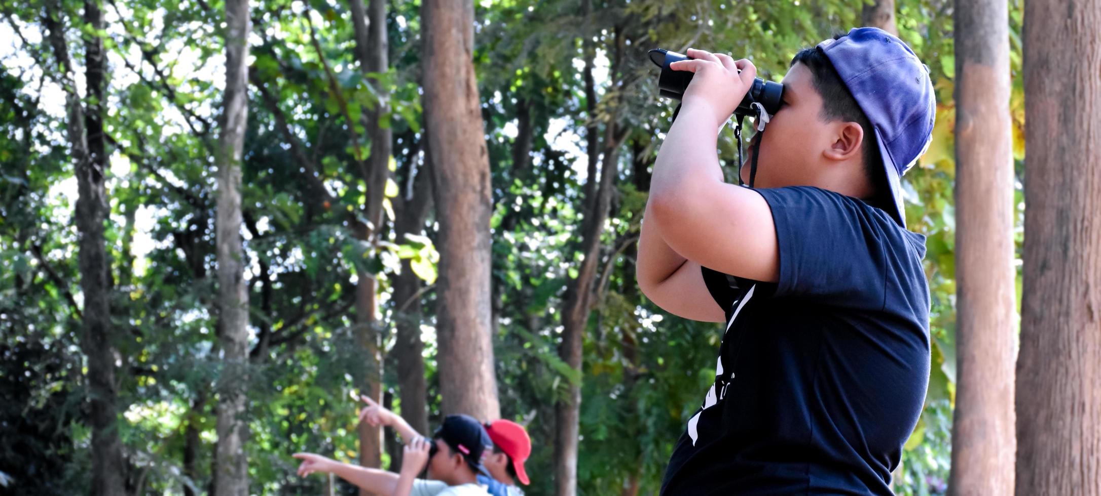 Southeast Asian boys are using binoculars to observe birds in tropical forest, idea for learning creatures and wildlife animals outside the classroom. photo