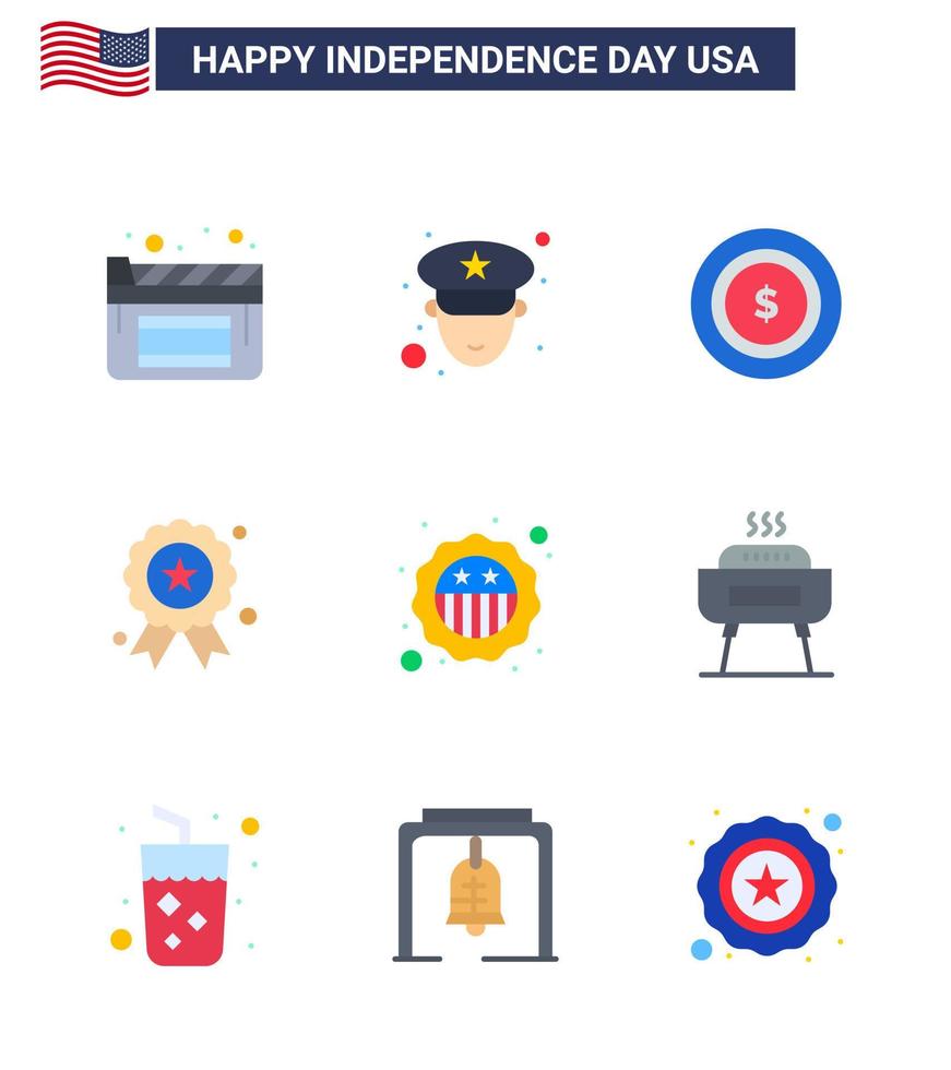 paquete de 9 pisos creativos relacionados con el día de la independencia de EE. UU. De insignia de barbacoa maony medalla de seguridad elementos de diseño vectorial editables del día de EE. UU. vector