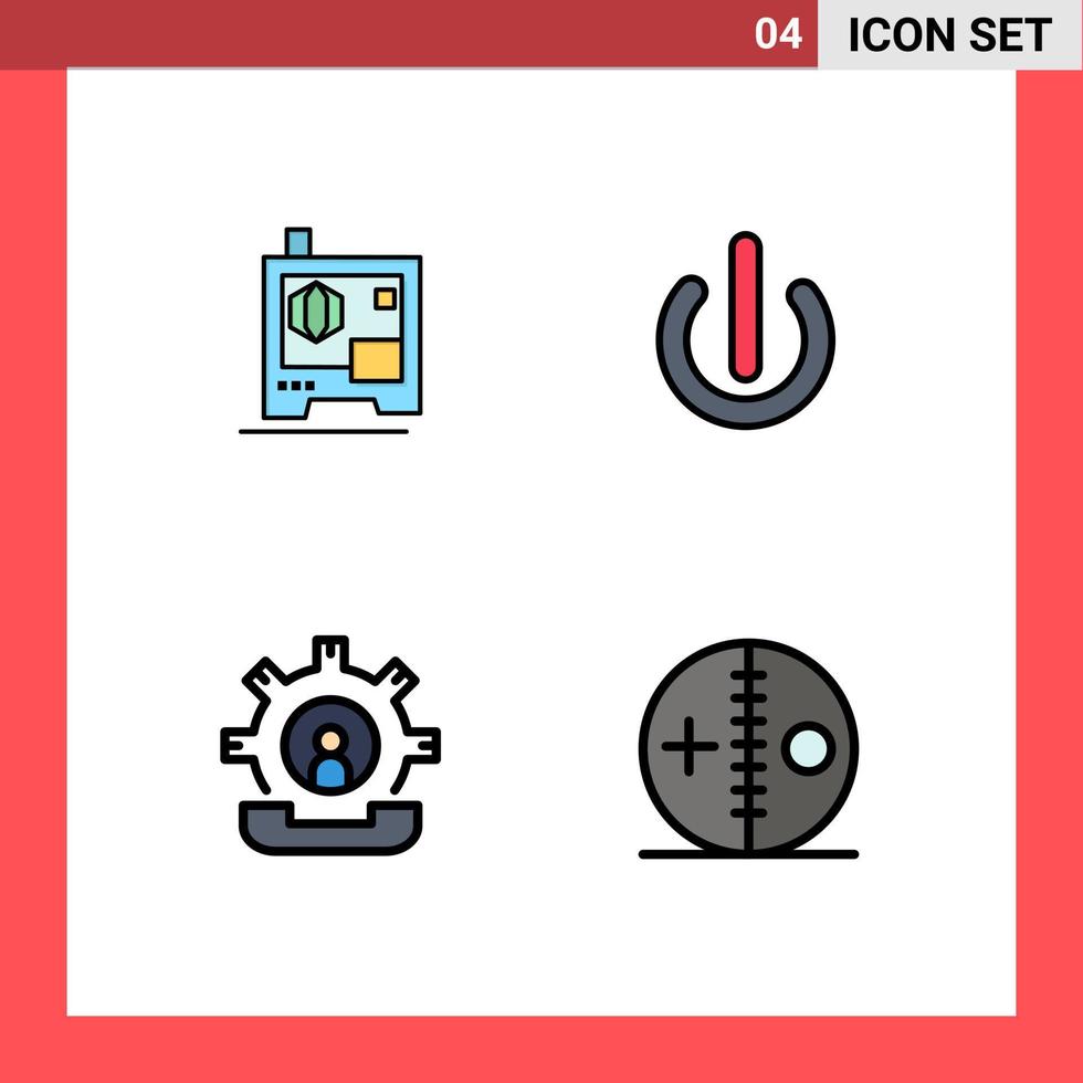 4 User Interface Filledline Flat Color Pack of modern Signs and Symbols of printer help button power process Editable Vector Design Elements