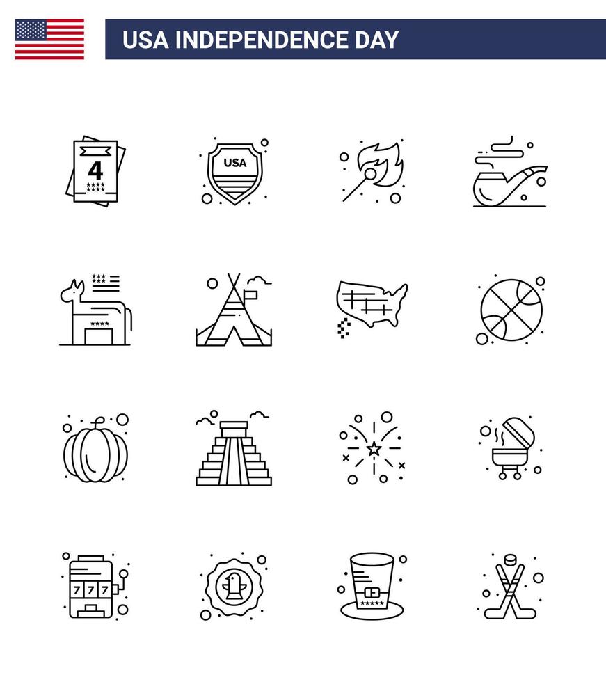 Happy Independence Day USA Pack of 16 Creative Lines of symbol american fire donkey smoke Editable USA Day Vector Design Elements