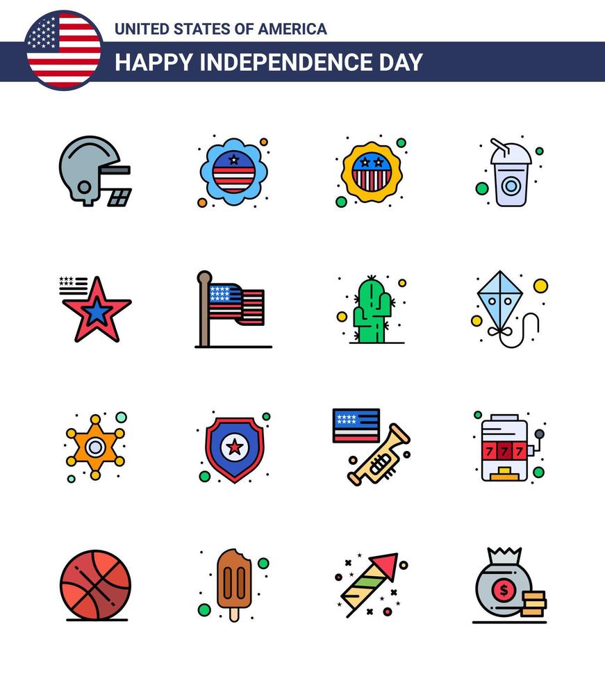 Happy Independence Day USA Pack of 16 Creative Flat Filled Lines of flag star security soda cola Editable USA Day Vector Design Elements