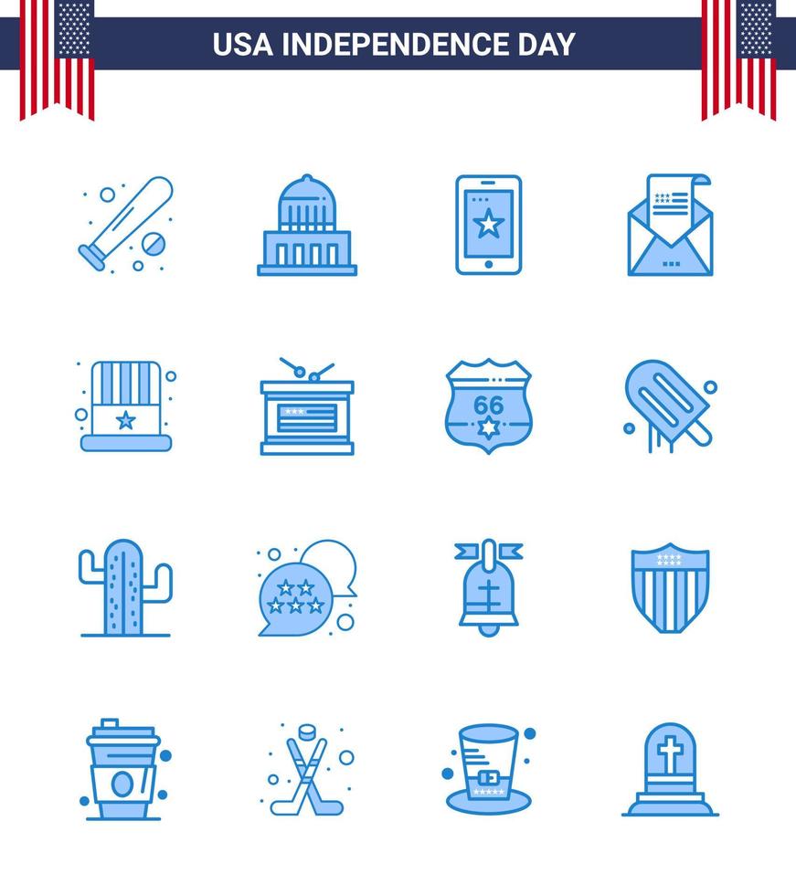 Set of 16 Vector Blues on 4th July USA Independence Day such as mail greeting usa envelope ireland Editable USA Day Vector Design Elements