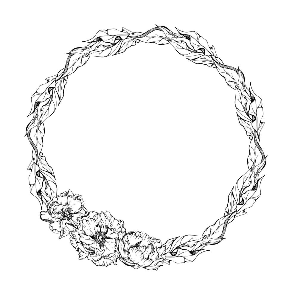 Hand drawn vector circle frame wreath arrangement with peony flowers, buds and leaves. Isolated on white background. Design for invitations, wedding or greeting cards, wallpaper, print, textile