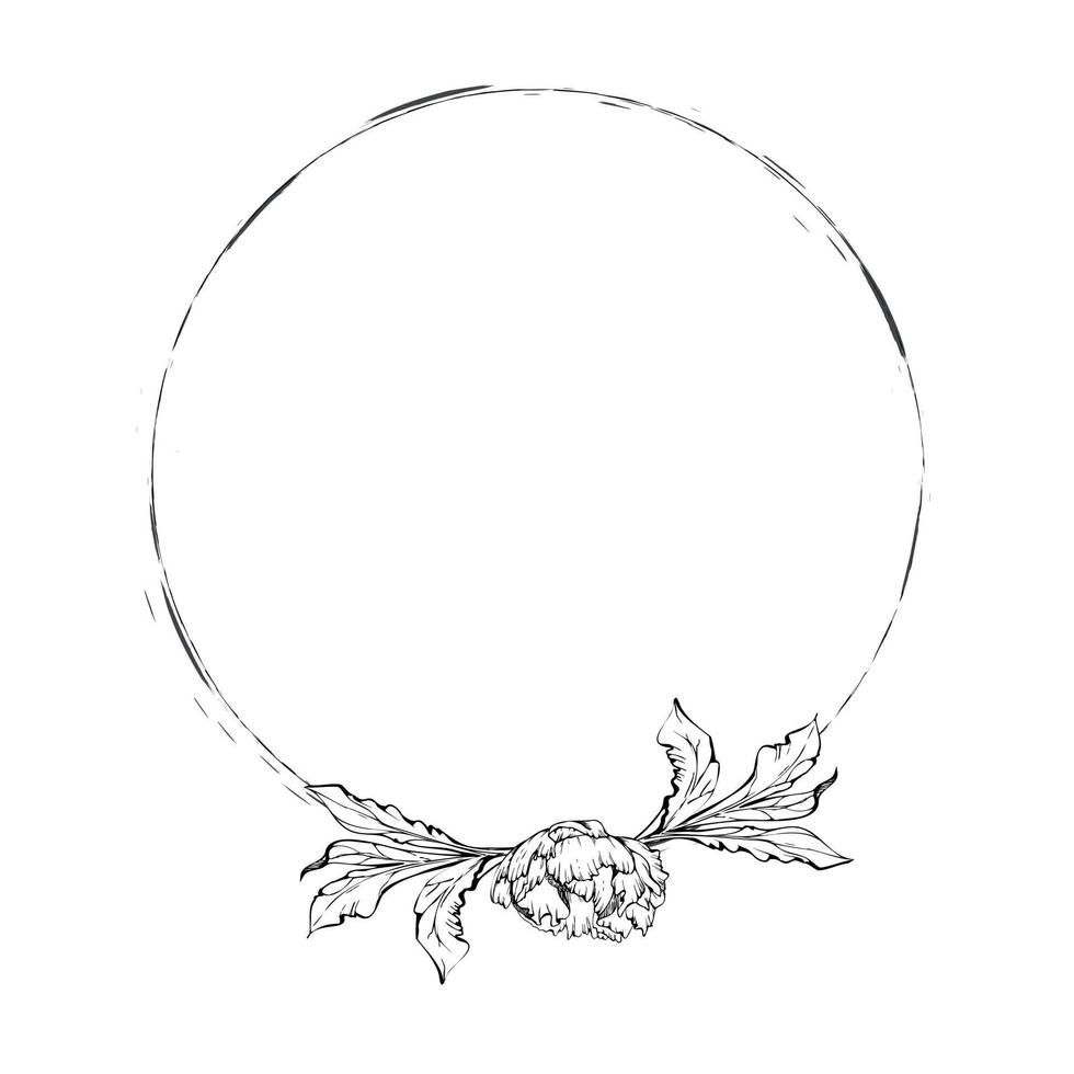 Hand drawn vector circle frame wreath arrangement with peony flowers, buds and leaves. Isolated on white background. Design for invitations, wedding or greeting cards, wallpaper, print, textile