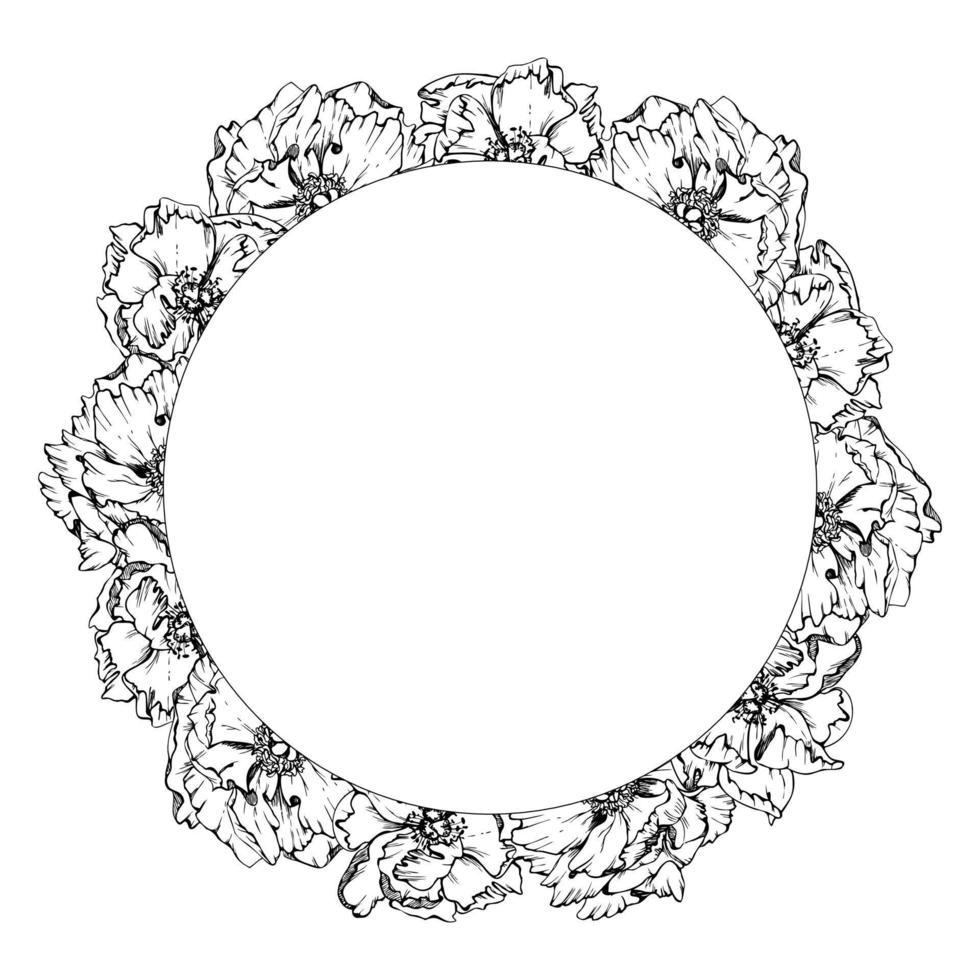 Hand drawn vector circle frame wreath arrangement with peony flowers, buds and leaves. Isolated on white background. Design for invitations, wedding or greeting cards, wallpaper, print, textile