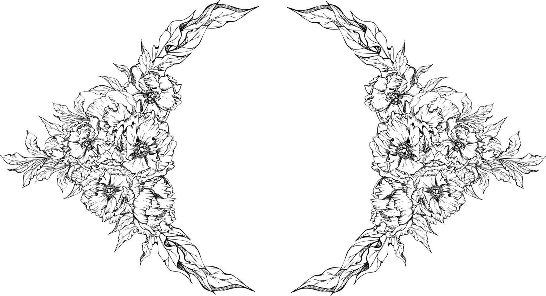 Hand drawn vector circle frame wreath arrangement with peony flowers, buds and leaves. Isolated on white background. Design for invitations, wedding or greeting cards, wallpaper, print, textile