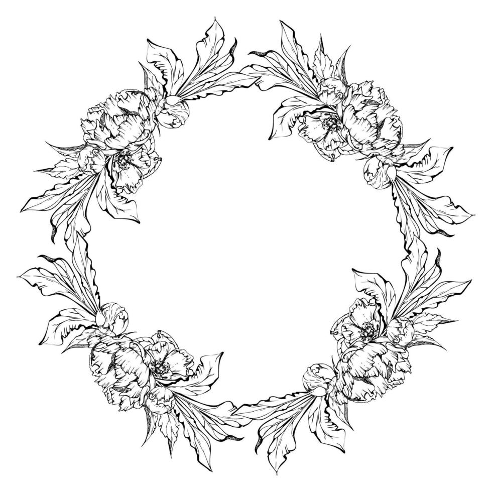 Hand drawn vector circle frame wreath arrangement with peony flowers, buds and leaves. Isolated on white background. Design for invitations, wedding or greeting cards, wallpaper, print, textile