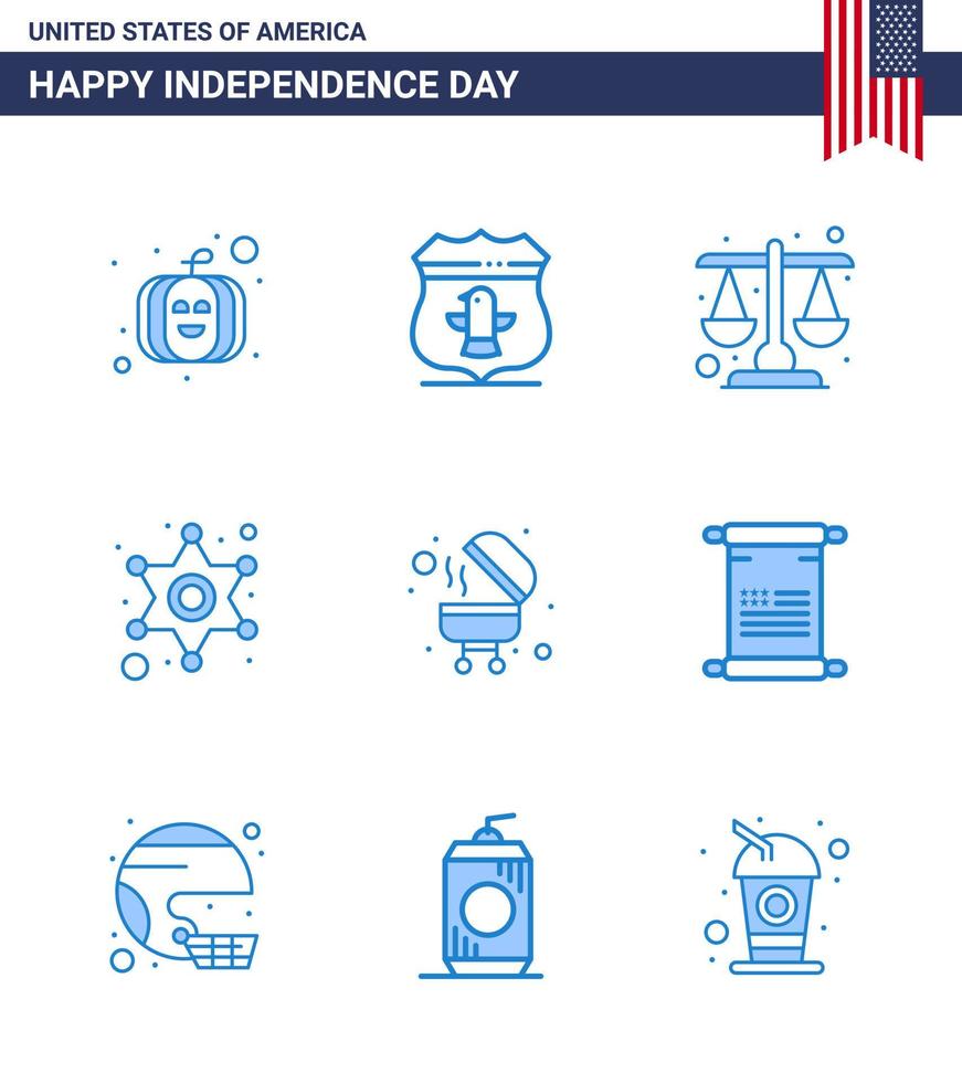 9 USA Blue Pack of Independence Day Signs and Symbols of grill barbecue justice police sign police Editable USA Day Vector Design Elements