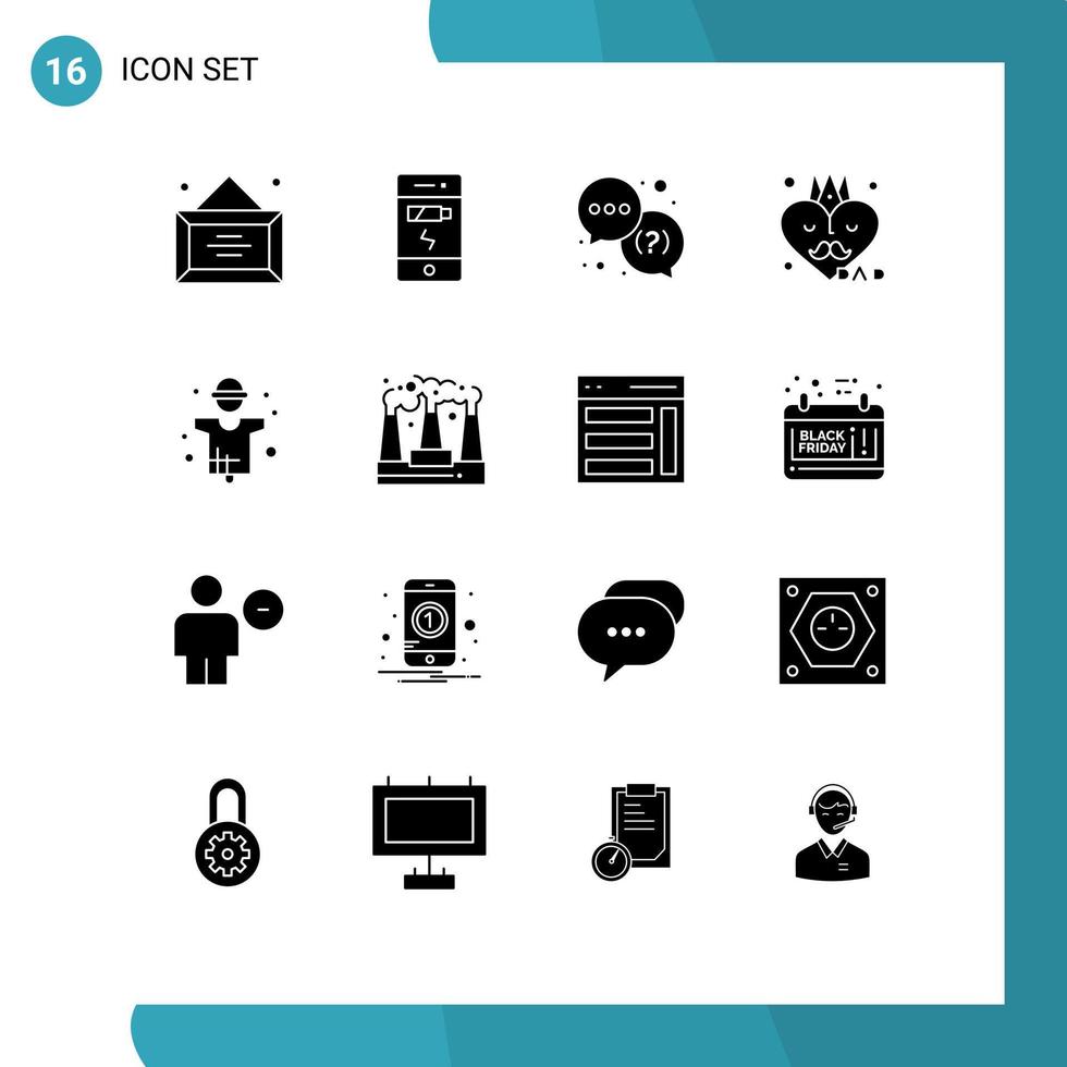 Modern Set of 16 Solid Glyphs Pictograph of farming fathers day help father accessories Editable Vector Design Elements