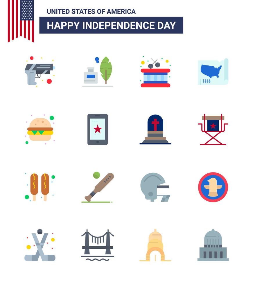 16 señales planas para el día de la independencia de estados unidos, comida, hamburguesa, tambor, estados unidos, estados unidos, editable, día de estados unidos, elementos de diseño vectorial vector