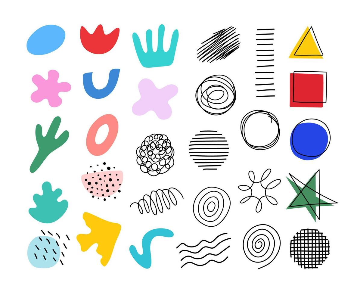 Set of abstract shapes and scribble. Hand drawn vector blots and geometric shapes in various color. Isolated on white background.