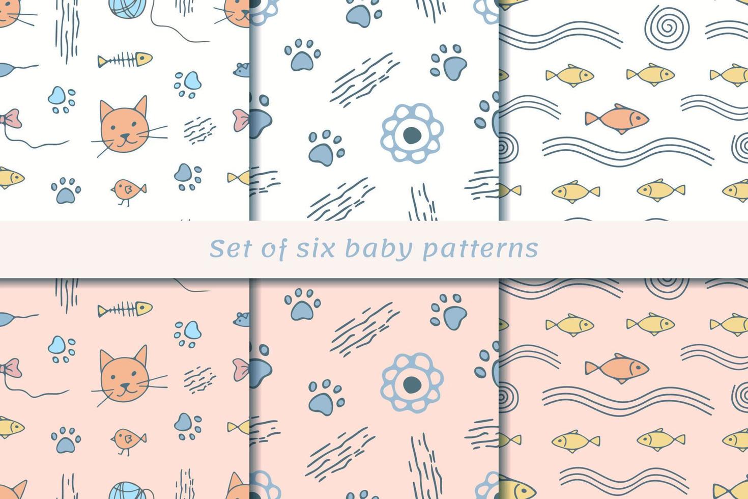 Set of seamless patterns with Cat head, fish and paws. Good for fabric, wallpaper, cover and other backgrounds for kids. vector