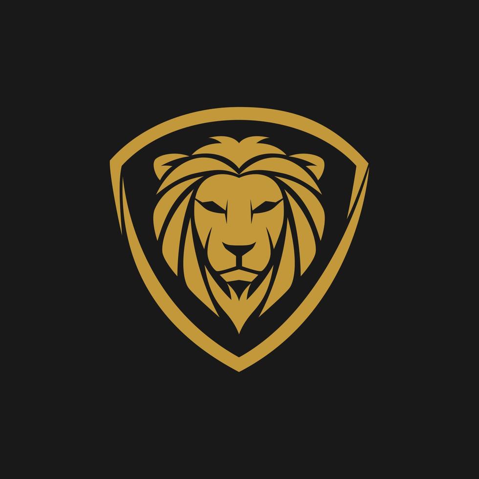 Flat Logo Design of Gold Lion Head with Shield Concept vector illustration.